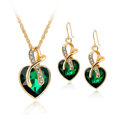 Long Way® Austrian Crystal Fashion Heart Jewelry Sets Necklace Earrings Wedding Party Accessories (Gold-green)
