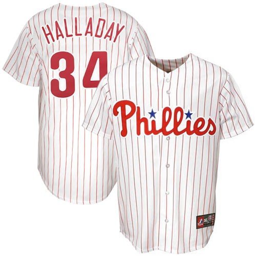 Men's Philadelphia Phillies Roy Halladay 6 button Down synthetic Replica Jersey,White/Scrlet Pinstrp Philles Hom,X-Large