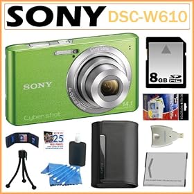 Sony Cyber-shot DSC-W610 14.1 MP Digital Camera with 4x Optical Zoom and 2.7-Inch LCD in Green + 8GB SDHC + Sony Case + Card Reader + Replacement Battery + Accessory Kit