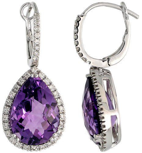 14k White Gold 1 1/16 (28mm) tall Earrings, w/ 0.37 Carat Round Top Light Brown Diamonds & 7.32 Carats Pear Cut Amethyst Stones
