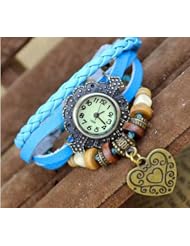 KANO BAK(TM) Sky blue Color Vintage Bronze Cut lovely Heart Pattern Quartz Fashion Retro Wrap Around Weave Leather Bracelet WristWatch Wristband Gift Watch
