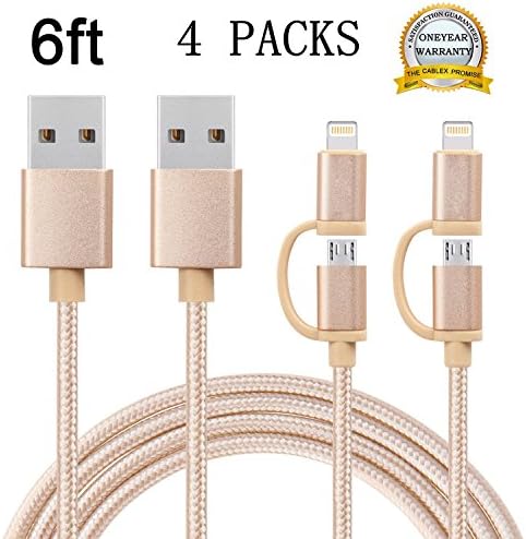 ZMD 4 Packs 6ft 2 in 1 Lightning cable Micro USB cable Charging Cable Power Cord for iPhone 6s plus/6s/6 plus/6/5s/5c/5 Sumsung, HTC Nexu,Sony other Android Devices. (Gold)