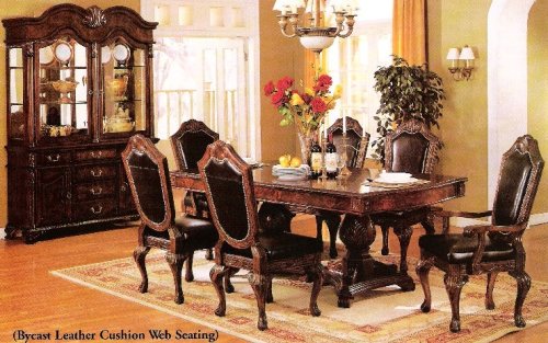 All new item 7 pc wood burl finish wood dining table set with leather back chairs