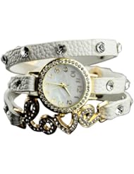 W8sunjs White Womens Girls Fashion Bracelet Love Rhinestone Crystals Wrist Quartz Watches Synthetic Leather Strap