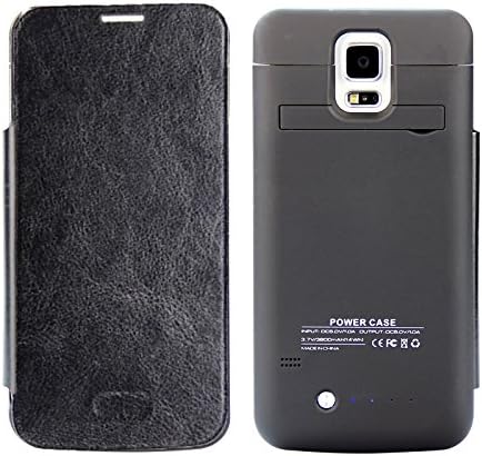 Stylish 3800mAh Battery Charger Case Power Case for Samsung Galaxy S5 with External Rechargeable Battery, Built-in Kickstand and Retail Packaging (Black with Flip Cover)