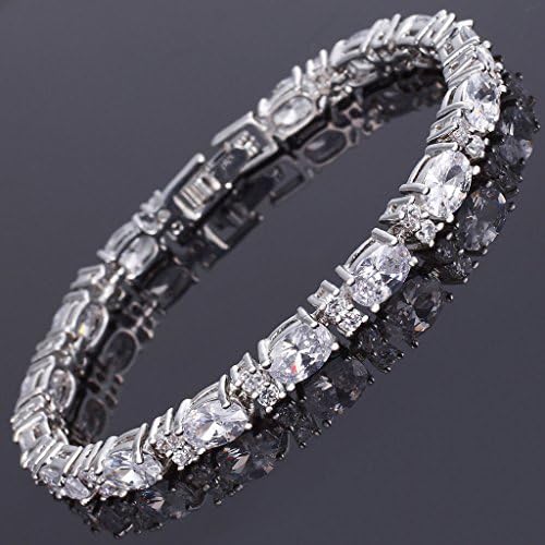 Oval Cut White Fine Topaz 18K White Gold Plated Tennis Bracelet