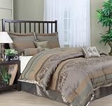 7 Pieces Brownish Green Baby's Breath Flower with Stripe Comforter Set Bed-in-a-bag Queen Size Bedding