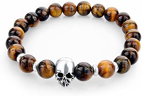 Fashion 8MM Beaded Black Natural Stone beads Skull Elastic Bracelets for Men and Women Tiger Eye Bracelets SBR150172 (SKBR026)
