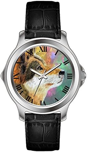 WYHJ Men's Classic Unique Black Leather Calendar Watch Husky Dog Faber Drill