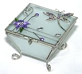 Glass Jewelry Trinket Box with Purple Dragonfly & Flower