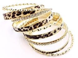 Retro Vintage 9 Leopard Print & Austrian Crystal Stack Bangle Bracelet Set - Goldtone Finish