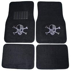 Silver Skull w/ Crossbones Front & Rear Gem Crystals Studded Rhinestone Car Truck SUV Floor Mats - Pair