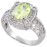 Sterling Silver Vintage Style Engagement ring, w/ a 9 x 7 mm (2.0 ct) Oval Cut Light Peridot-colored CZ Stone, 9/16