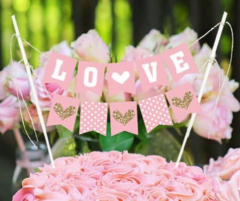Gold and Pink Heart Flag Banner Cake Topper for Wedding Party Birthday Decoration Baby Shower Party Aniversary Decoration