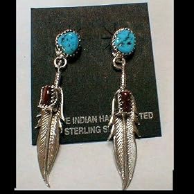 Sterling Silver Long Native American Earrings with Sturdy Feathers and Genuine Natural Blue...