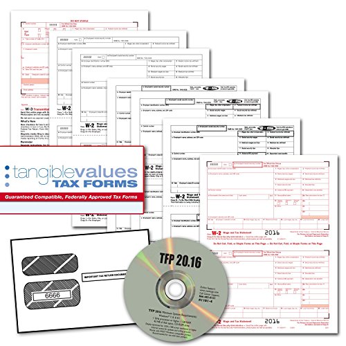 Tangible Values W-2 Laser Forms (6-Part) Kit with Envelopes plus TFP SOFTWARE for 50 Employees (2016)