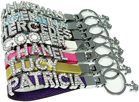 Personalized Strap Key Chain Ring Holder Keychain with Bling Rhinestone Letters Black, Blue, Brown, Green, Gold, Light blue, Light Pink, Orange, Pink, Purple, Red, Silver &amp; White (10 letters)