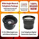 Professional Sony NEX-VG10, NEX-VG20 0.34X Wide Angle Fisheye / Macro Lens & 3.6X Telephoto Lens Package This Kit Includes 0.34X Wide Angle Fisheye Lens + 3.6x Telephoto Lens + Cleaning Cloth + More
