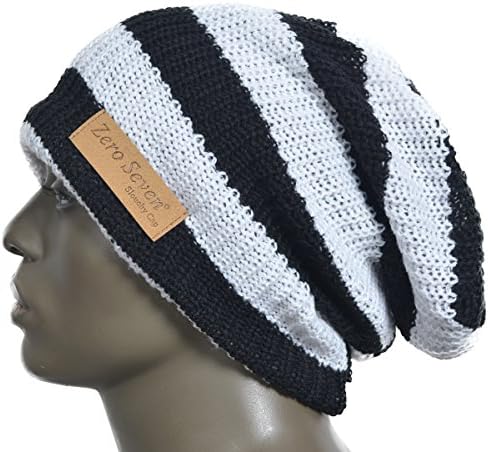 Z&s Men Slouch Beanie Wide Stripe Knit Long Skull Cap B09 (Black/White)
