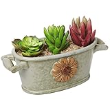 Country Rustic Green Ceramic Bucket Trough Style Flower Design Succulent Planter / Flower Pot - MyGift®