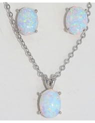 5 Carat Opal Oval Stud Earrings & Pendant Set White Gold Quality