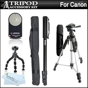 Triple Tripod Kit + Wireless Shutter Release Remote Control For Canon EOS Rebel T3i, T2i, T1i, XT, Xti, 5D, 7D DSLR (Canon RC-5 & RC-6 Replacement) Includes 57
