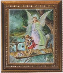 Guardian Angel Bridge in Wood Frame with Golden Trim, 11.25" x 13.25" - MADE IN ITALY