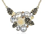 Elegant Gold Tone Clear Crystal Rhinestone Rose Flower Faux Pearl Bib Necklace