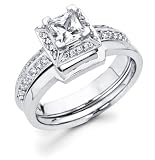 14k White Gold Solitaire Princess Cut Diamond Bridal Engagement 2 Ring Set w/ Matching Wedding Band