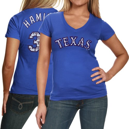 Majestic Threads Josh Hamilton Texas Rangers Ladies #32 Repeating Logo V-Neck Premium T-Shirt - Royal Blue (Medium)