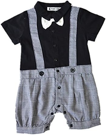 Hasgill 6-24m Baby Boys Bowtie Tuxedo Plaid Romper Onesie Wedding (80/6-12m, gray)