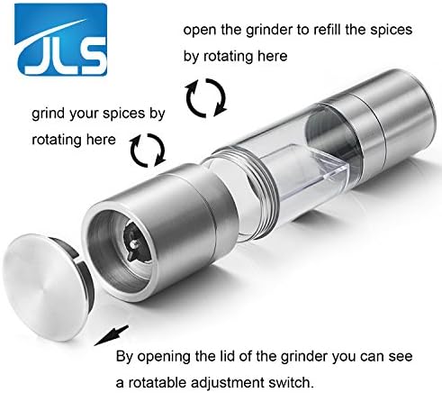 Salt and Pepper Grinder Set, Best Value, Holiday Sale, Premium Quality Stainless Steel 2 in 1 Dual Action-Double Ended Combo, Two Mills In One for Easy Use, BPA-Free Acrylic Body, Adjustable Mechanism, Also for Dry Herbs and Spices, Perfect Kitchenaid