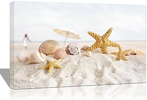 Purple Verbena Art 10''x14'' Modern Starfishes Shell Conches on The White Beach Seascape Pictures Prints on Canvas Paintings Home Decor Walls Artwork, High Giclle Stretched and Framed Wall Picture