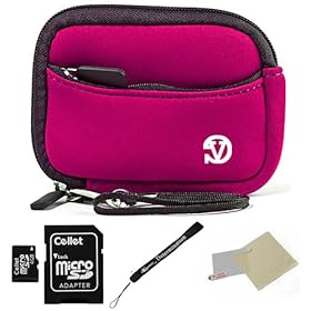 MAGENTA WITH BLACK TRIM Neoprene Protective Durable Mini Glove Pouch For Sony Alpha Series NEX-5 / NEX-C3 Point And Shoot Digital Camera + Includes a 4GB Micro SD Card with SD Adaptor + Includes a Universal Anti-Glare Screen Protector Guard + Includes an eBigValue TM Determination Hand Strap