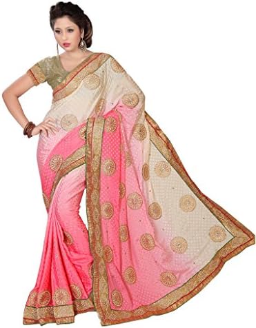 Suchi Women's Peach &amp; Cream Pearl, Stone &amp; Diamond Work, Border Jacquard Saree