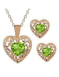 1.88 Ct Heart Shape Green Peridot Gold Plated Silver Pendant Earrings Set