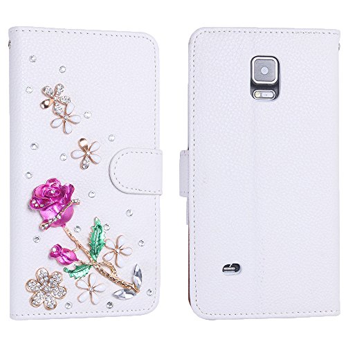 Wendy's Stores(TM) White Luxury 3D Fashion Handmade Bling Crystal Rhinestone PU Flip Wallet Leather Case Cover for Smart Mobile Phones (Samsung Galaxy note 4, Rose Flowers)