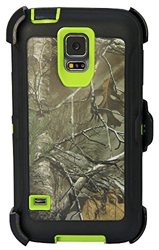Huaxia Datacom Hunting Tough Camo Tree Shockproof High Impact Hybrid Defender Case Cover w/ Belt Clip Holster for Samsung Galaxy S5 SV i9600 (Not for S5 active) - Camo Branch on Green Core