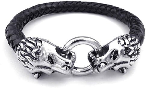 Jonline24h Mens Leather Stainless Steel Bracelet, Lion Braided Cuff Bangle, Black Silver
