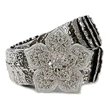 Five Pedal Rhinestone Floral 1 3/4" Elastic Sequent Metal Stretch Belt Size: One-size-fits-all Color: Silver ~ beltiscool