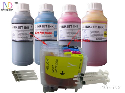 ND Brand Dinsink brother LC61 Refillable Ink Cartridge for Brother :MFC-250C MFC-255CW MFC-290C MFC-295CN MFC-490CW MFC-495CW MFC-5490CN MFC-5895cw MFC-790CW MFC-795CW MFC-990CW MFC-J220 MFC-J265W MFC-J270W MFC-J410W MFC-J415W MFC-J615W MFC-J630W+ 4X250ML ND Brand Bulk Refill Ink Specially Formulated for Brother - Cyan, Yellow, Magenta, and Black Color + 4 Syringes