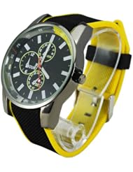 Watch Stylish Silicone Band Quartz Movement Round Metal Dial Wrist Watch Black + Yellow