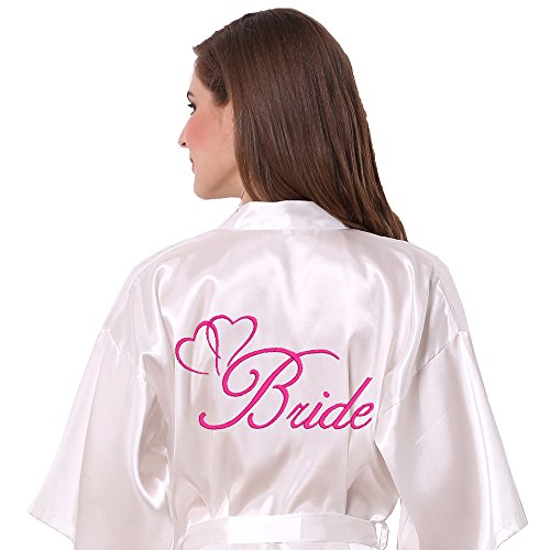 Joytton Women's Satin Kimono Robe with Embroidered Bride Short
