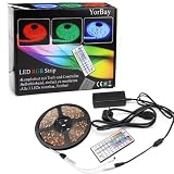 Yorbay 5M LED RGB Strip wasserdicht 150 5050 SMDs Band Leiste Streifen Lichterkette Lichtschlauch 500cm+Controller mit 44 Taste IR Fernbedienung+Netzteil DC 12V Trafo mit Stromkabel Komplettset mehrfarbig