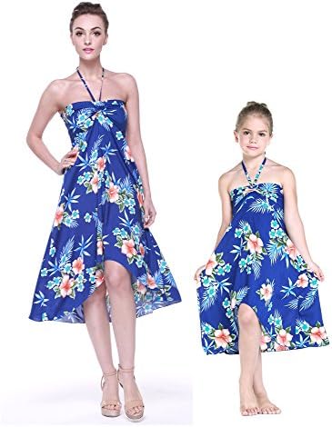 Matching Hawaiian Luau Mother Daughter Halter Dress in Hibiscus Blue