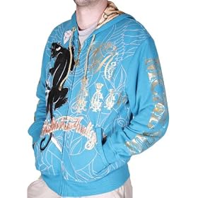 CHRISTIAN AUDIGIER Ed Hardy Mens Hooded Zip Up Sweatshirt Hoodie T-Shirt Top Tee Aqua