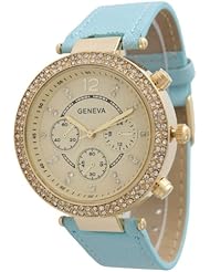 Womens Geneva Dual Stone Leather Watch - Light Blue