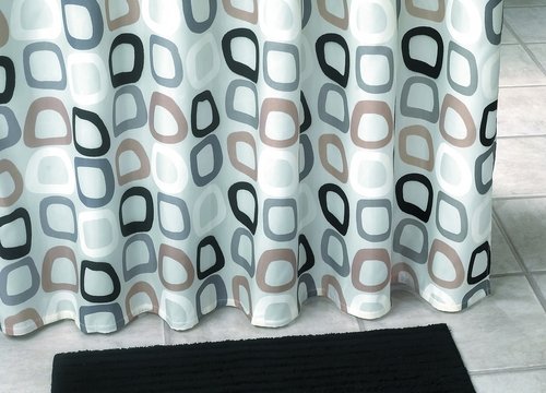 Duschvorhang Textil ~ Motiv: Retro / Quadrate ~ Farbe: weiß schwarz braun und grau ~ Maße: 180 x 200 cm ~ 100 % Polyester ~ mit 12 Ösen ~ ohne Duschringe