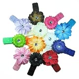 12 Assorted 3-in-1 Large Flower Hair Clip Bows with Soft Stretch Crochet Child Headbands fits Infant Baby to Toddlers to Youth Girls - Mix of Gerber Daisy Lily & Peony