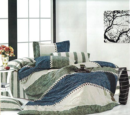 Men's 100% Cotton Blue Green Beige Striped Duvet Cover Set Full/Queen Size, 4 Pieces